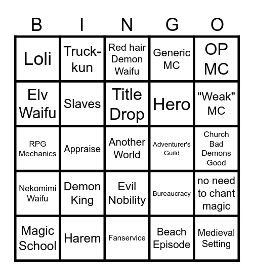 Isekai Bingo Card