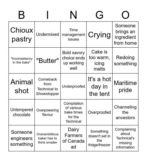 GREAT CANADIAN BAKING SHOW S10 Bingo Card