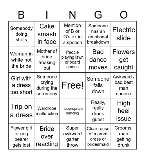 Wedding Bingo - Because we are terrible people Bingo Card