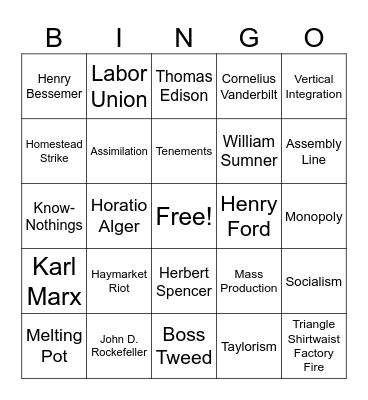 Gilded Age Bingo Card