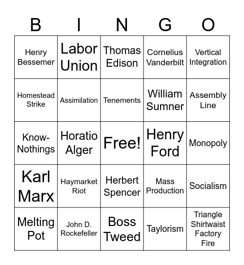 Gilded Age Bingo Card