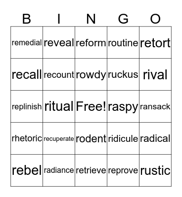 Vocabulary Bingo Card