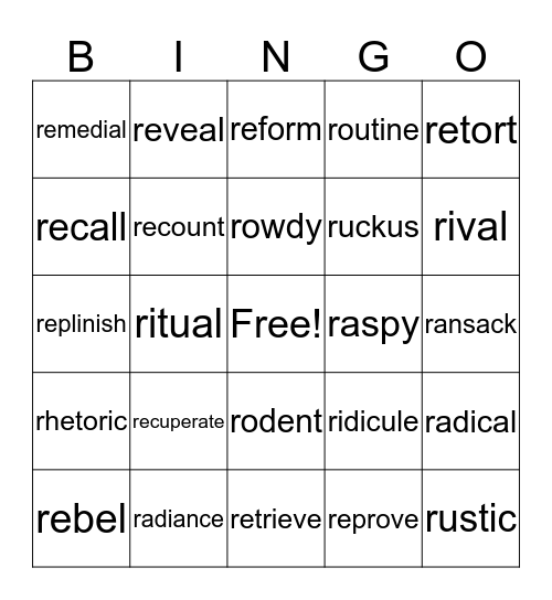 Vocabulary Bingo Card