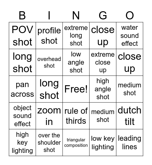 Cinematography Bingo Card