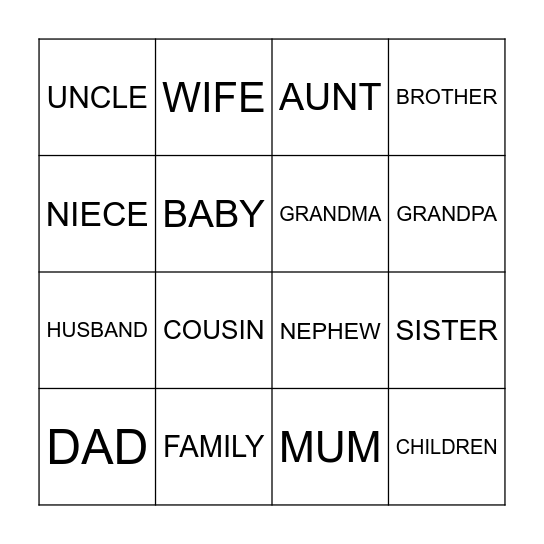 FAMILY BINGO Card