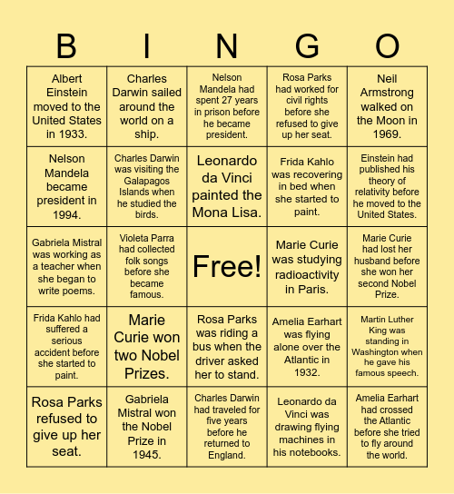 Living Museum Bingo Card
