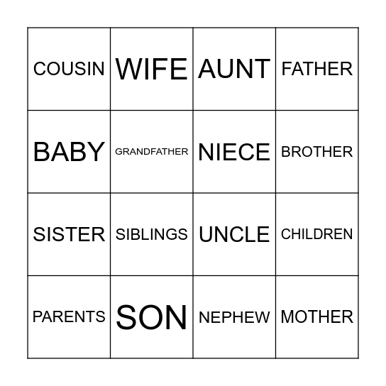 FAMILY Bingo GRADE 4 Bingo Card