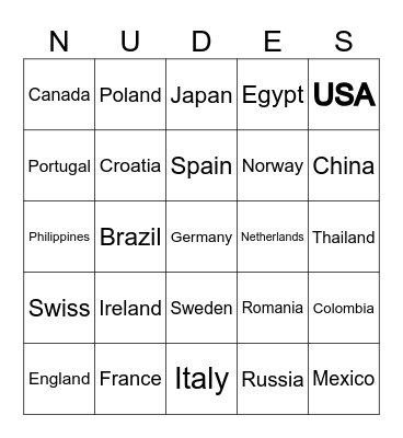 Nude Bingo (Country) Bingo Card