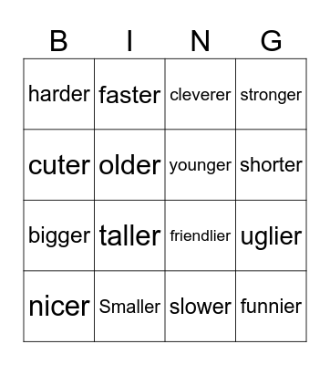 comparatives Bingo Card
