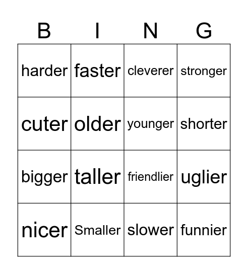 comparatives Bingo Card