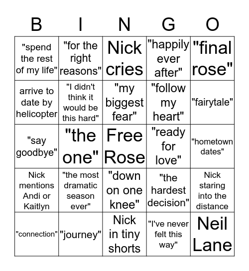 The Bachelor Nick Bingo Card