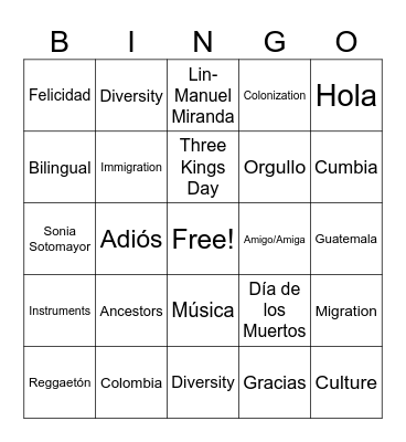 Hispanic Heritage Month Bingo Card