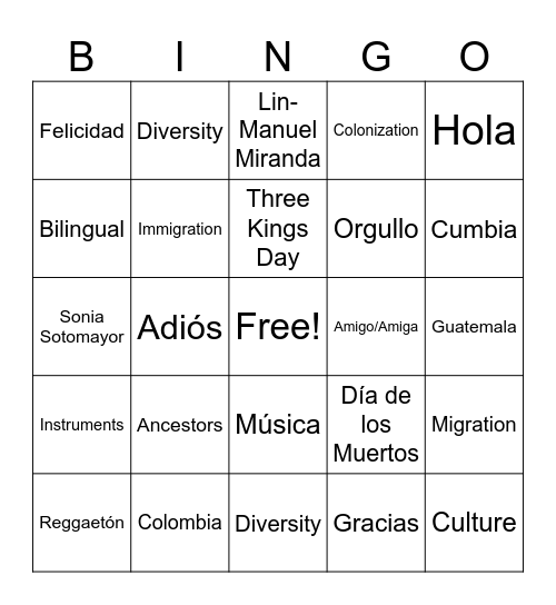 Hispanic Heritage Month Bingo Card