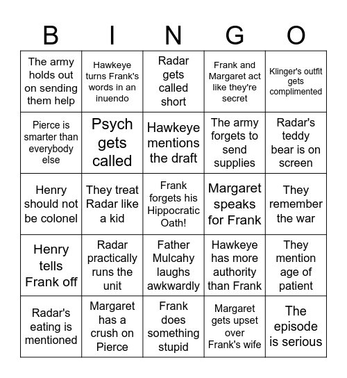 M*A*S*H Bingo s2 Bingo Card