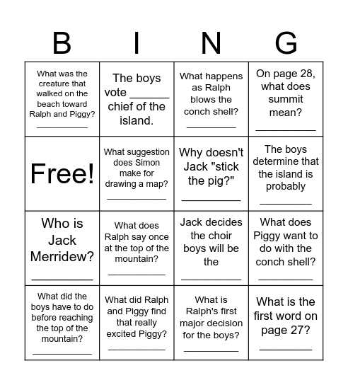 Lord of the Flies Chapter 1 Bingo Card