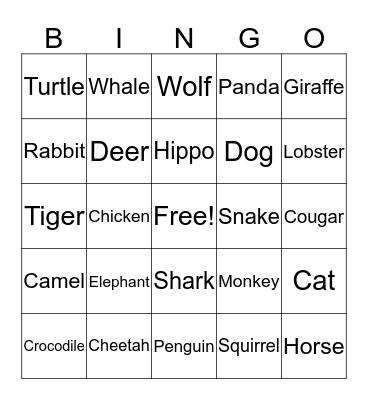 Animals Bingo Card