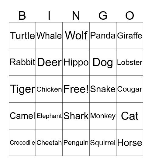 Animals Bingo Card