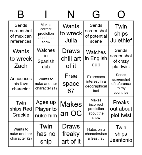 Twin watching carmen sandiego Bingo Card