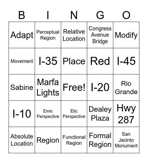 Unit 2 Test Card 1 Bingo Card