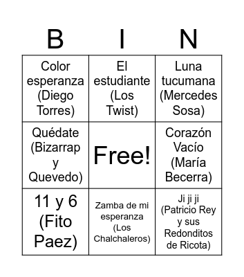 Bingo Musical Bingo Card