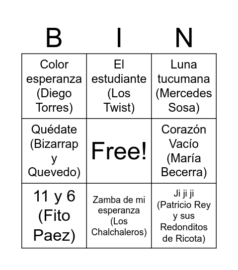 Bingo Musical Bingo Card