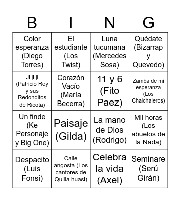 Bingo Musical Bingo Card