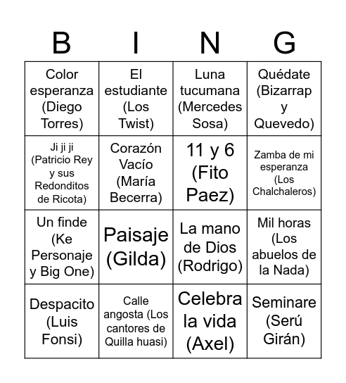 Bingo Musical Bingo Card