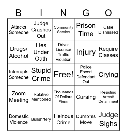 Crazy Courtroom Bingo Card