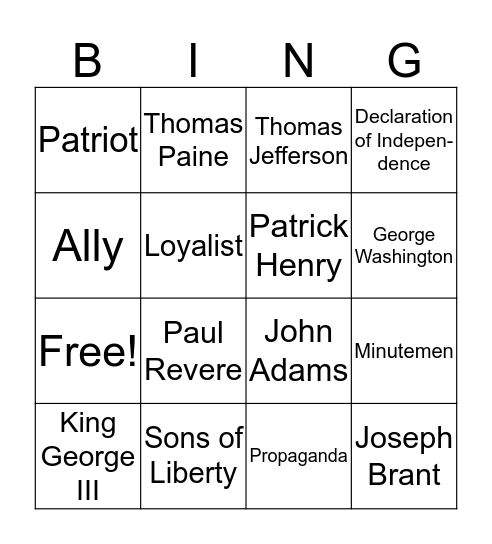 American Revolution Bingo Card