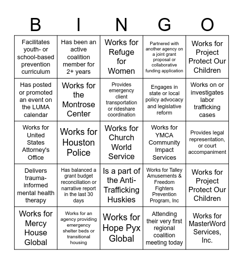 UAHT Coalition Human Bingo Card