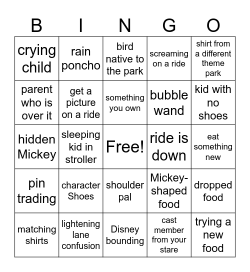 Disney World Bingo Card