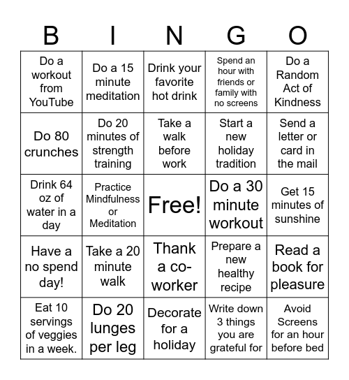 Winter Wellness Bingo Card