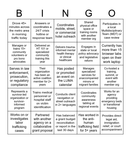UAHT Coalition Bingo Card