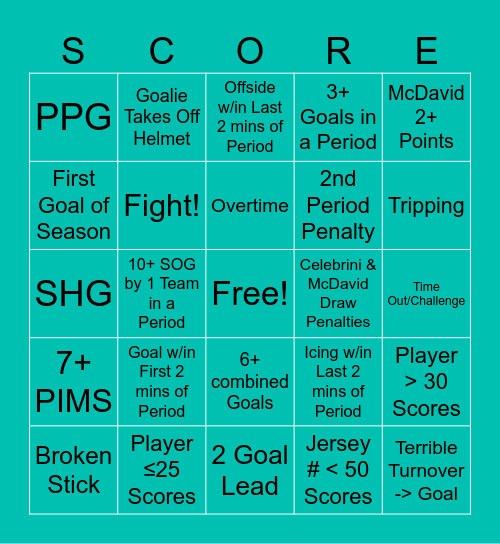 SJ Sharks v. EDM Oilers (10/10) BINGO Card