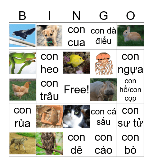 Động vật (Hình và chữ) Bingo Card