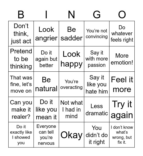 Bad Actor Direction Bingo Card