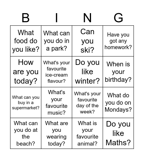 Warm-up Bingo Card