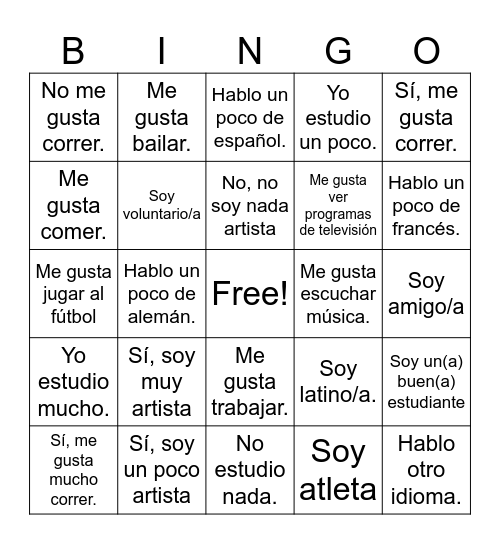 Español 1 Unidad 1 Bingo Card