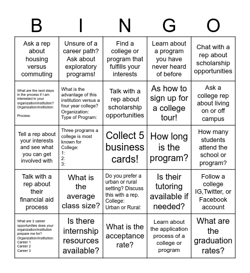 College & Career Fair Bingo! Bingo Card