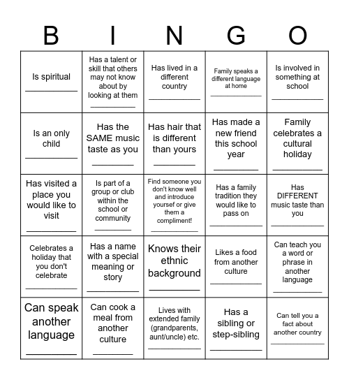 Celebrating Diversity! Bingo Card
