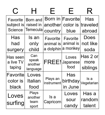 Chaparral Cheer 2013 Bingo Card