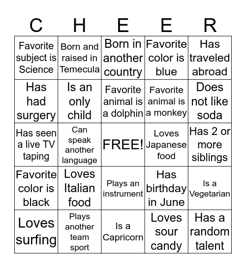 Chaparral Cheer 2013 Bingo Card