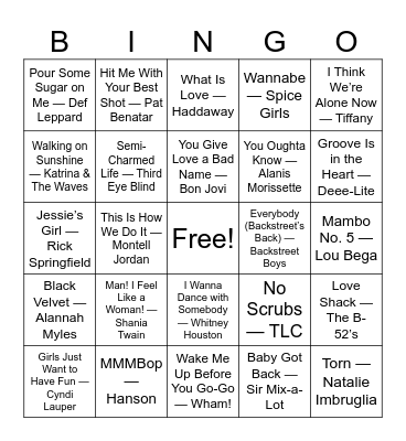 Throwback Anthems: 80s & 90s Bingo Card