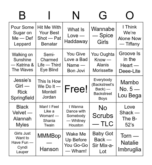 Throwback Anthems: 80s & 90s Bingo Card