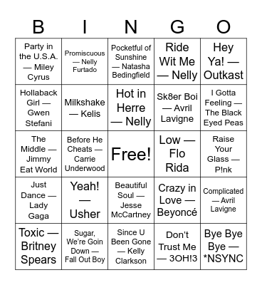 2000s Party Hits Bingo Card