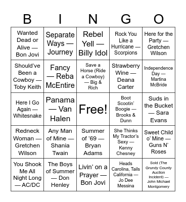 Country vs. Rock Bingo Card