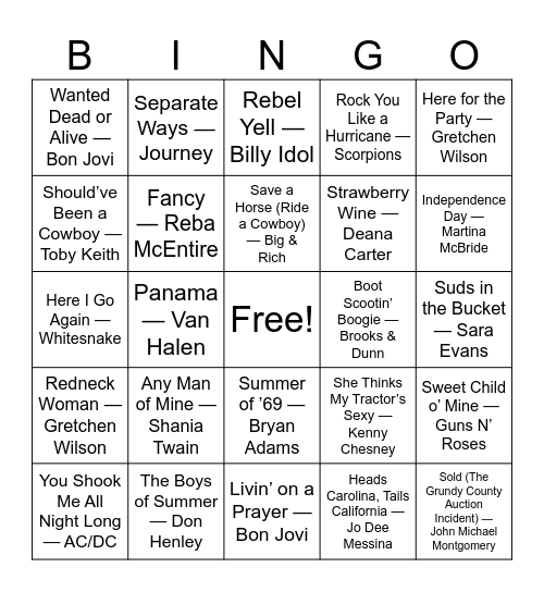 Country vs. Rock Bingo Card