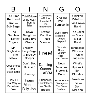 Ultimate Bar Sing-Alongs Bingo Card