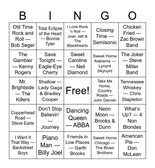 Ultimate Bar Sing-Alongs Bingo Card