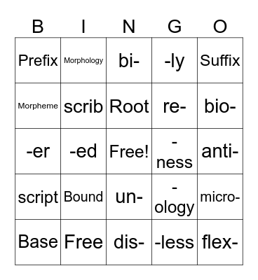 Morphology Bingo Card
